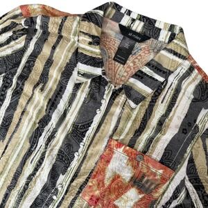 Ali Miles Mixed Print Lagenlook Stripe Paisley Roll Tab Sleeve Button Top Large